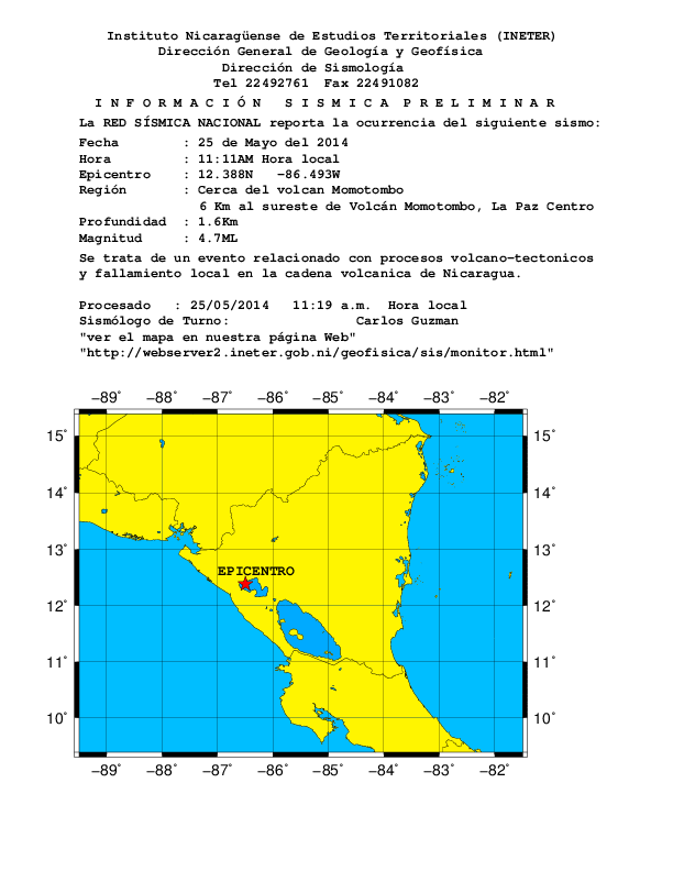 Sismo de 4.1 y réplica de 3.5 sacuden zona cercana al volcán Momotombo