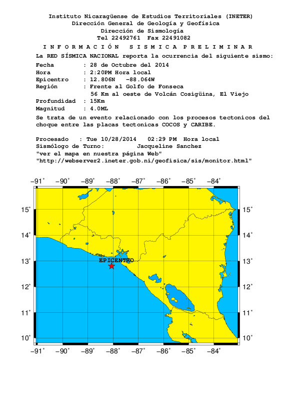 INETER reporta sismo de 4 grados en el Golfo de Fonseca