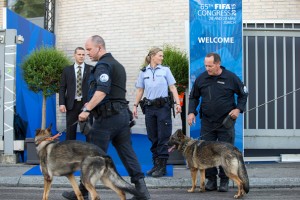 ZURICH, SWITZERLAND - MAY 29: Police officers with dogs leave the Hallenstadion after searching a bomb during the 65th FIFA Congress at Hallenstadion on May 29, 2015 in Zurich, Switzerland. (Photo by Alessandro Della Bella/Getty Images)