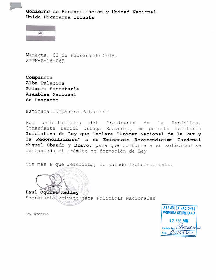 RECIBIDO EN ASAMBLEA NACIONAL - INICIATIVA DE LEY QUE DECLARA PROCER NACIONAL DE LA PAZ Y RECONOCILIACION A SU EMINENCIA REVERENDISIMA CARDENAL MIGUEL OBANDO Y BRAVO_Page_1