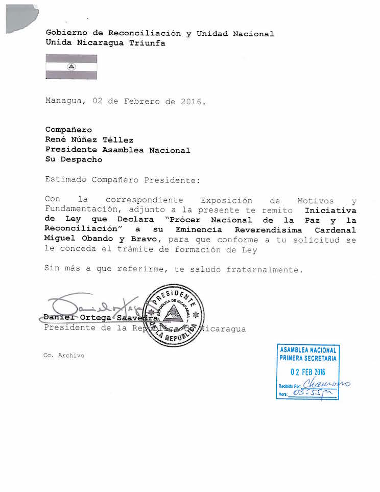 RECIBIDO EN ASAMBLEA NACIONAL - INICIATIVA DE LEY QUE DECLARA PROCER NACIONAL DE LA PAZ Y RECONOCILIACION A SU EMINENCIA REVERENDISIMA CARDENAL MIGUEL OBANDO Y BRAVO_Page_2