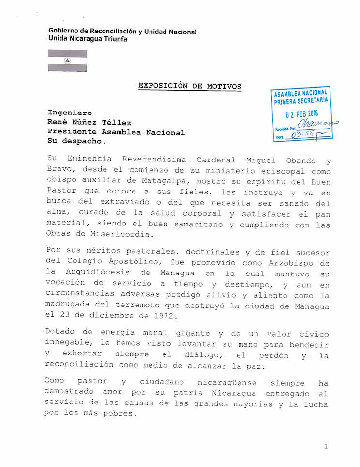 RECIBIDO EN ASAMBLEA NACIONAL - INICIATIVA DE LEY QUE DECLARA PROCER NACIONAL DE LA PAZ Y RECONOCILIACION A SU EMINENCIA REVERENDISIMA CARDENAL MIGUEL OBANDO Y BRAVO_Page_3