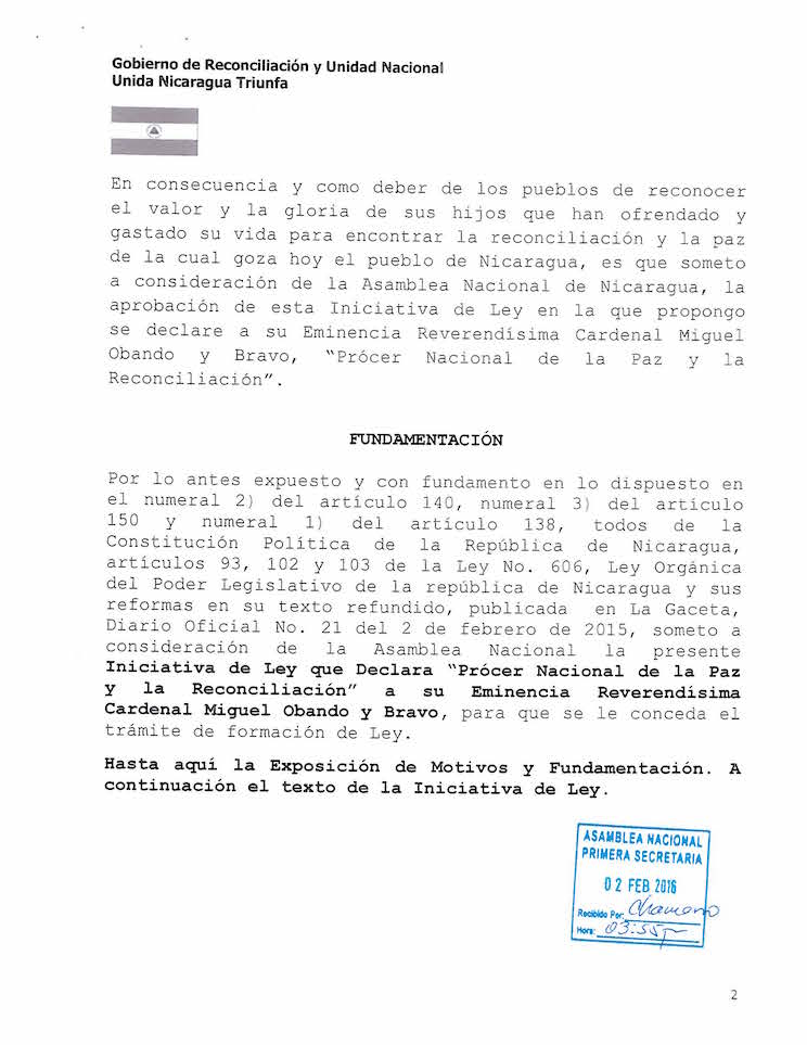 RECIBIDO EN ASAMBLEA NACIONAL - INICIATIVA DE LEY QUE DECLARA PROCER NACIONAL DE LA PAZ Y RECONOCILIACION A SU EMINENCIA REVERENDISIMA CARDENAL MIGUEL OBANDO Y BRAVO_Page_4