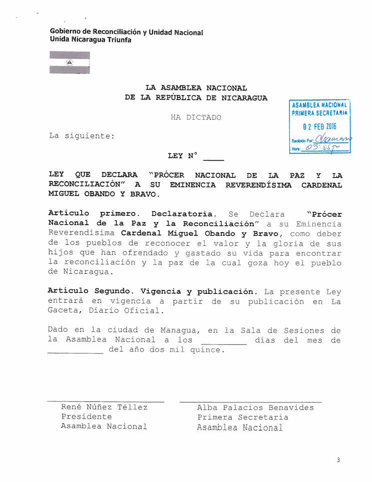 RECIBIDO EN ASAMBLEA NACIONAL - INICIATIVA DE LEY QUE DECLARA PROCER NACIONAL DE LA PAZ Y RECONOCILIACION A SU EMINENCIA REVERENDISIMA CARDENAL MIGUEL OBANDO Y BRAVO_Page_5