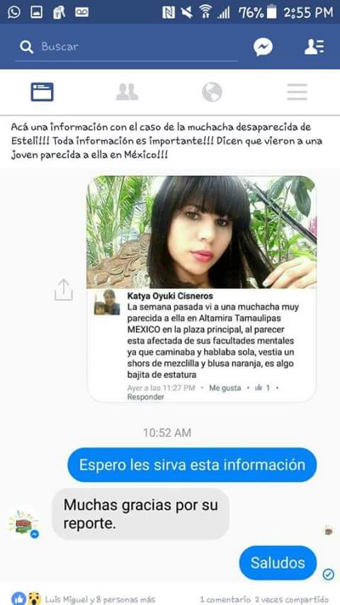 Afirman haber visto en Tamaulipas (México) a la joven esteliana desaparecida