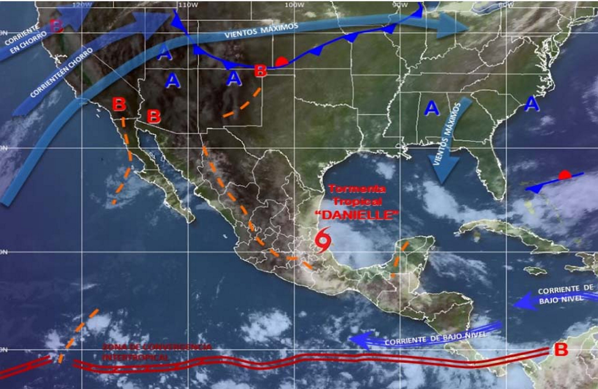 60620174. México, 20 Jun. 2016 (Notimex-Especial).- La tormenta tropical Danielle tocó tierra a las 17:00 horas a 10 kilómetros al sur-sureste de Tamiahua y 15 kilómetros al norte de Tuxpan, Veracruz, y durante la noche seguirá internándose para cruzar por San Luis Potosí, Querétaro, Hidalgo y Puebla. NOTIMEX/FOTO/ESPECIAL/COR/WEA/ CLIMA/NALES/HUR