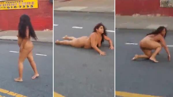 Mujer drogada se desnuda y baila en plena calle en Nueva York