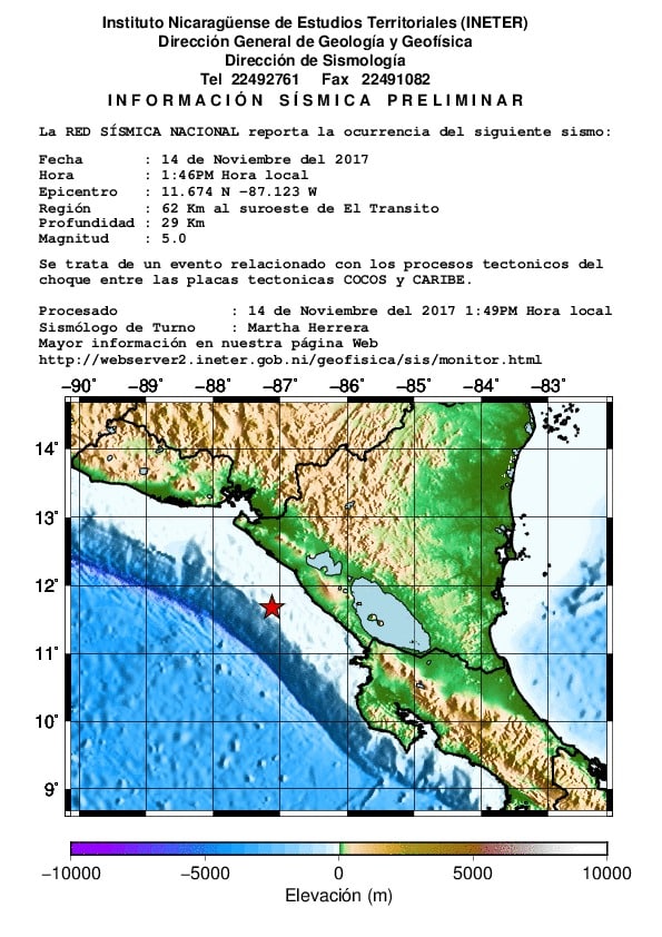 Preliminar: Mag: 5.3, 82.0 km Oeste Suroeste de San Rafael Del Sur, Nicaragua