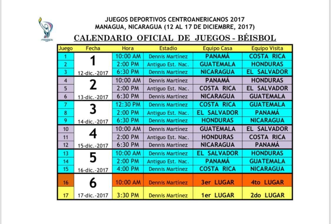 Calendario Juegos Béisbol Juegos Centroamericanos Managua 2017