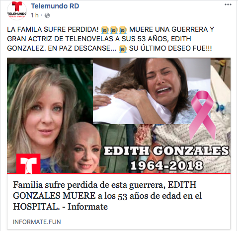 Imágenes sobre la noticia falsa del fallecimiento de Edith Gonzaléz