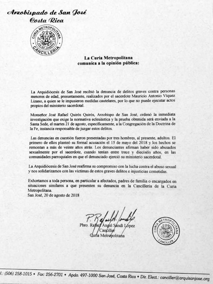 Comunicado de la Arquidiócesis de San José - Costa Rica