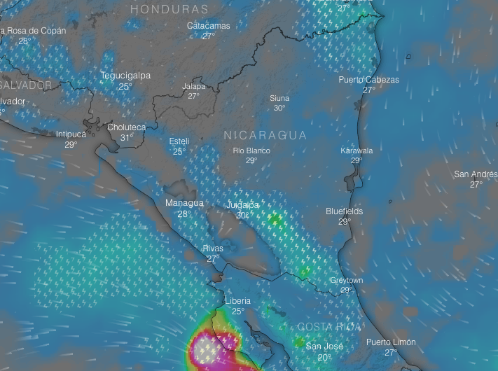 Mapa de precipitaciones en Nicaragua, actualizado a las 11:00 am