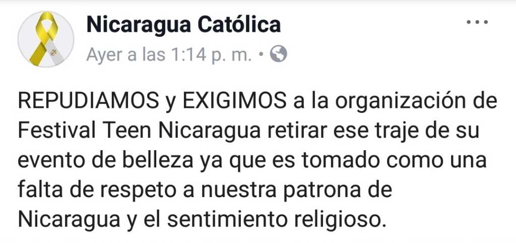 Captura del Facebook Nicaragua Católica donde exigen el retiro del traje de la Virgen