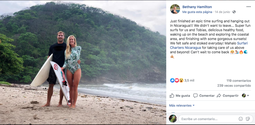 Publicación del Facebook de Bethany Hamilton sobre sus vacaciones en Nicaragua