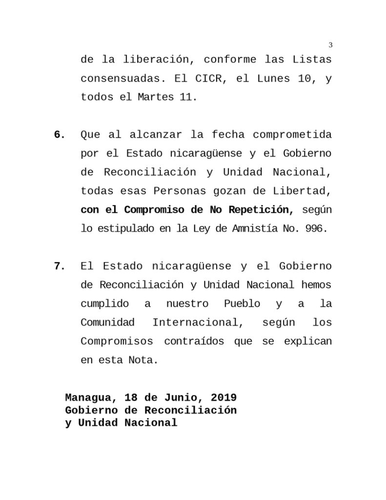 Gobierno de Nicaragua liberó a presos que alteraron la paz