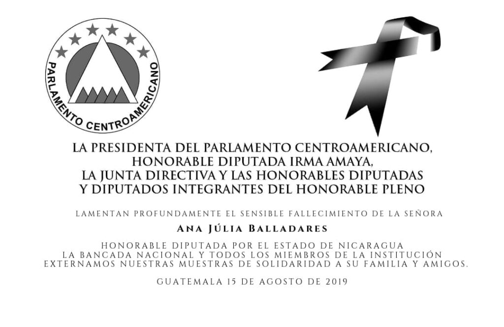 Comunicado del PARLACEN sobre el fallecimiento de la diputada Ana Julia Balladares