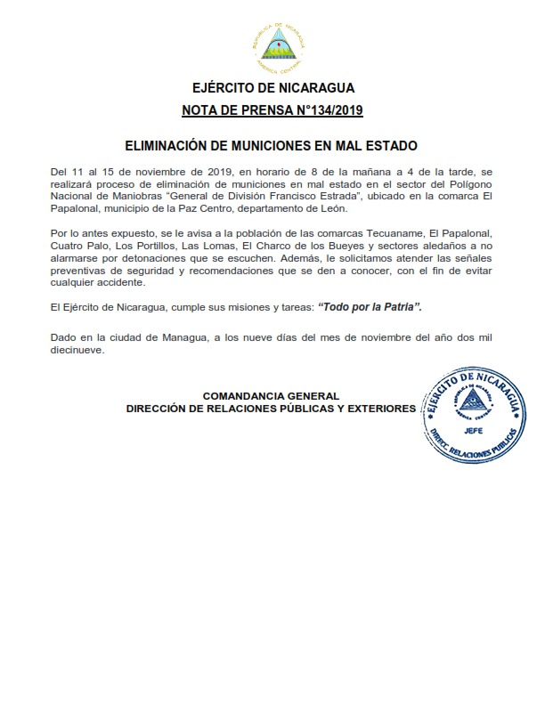 Ejército de Nicaragua destruirá municiones en mal estado