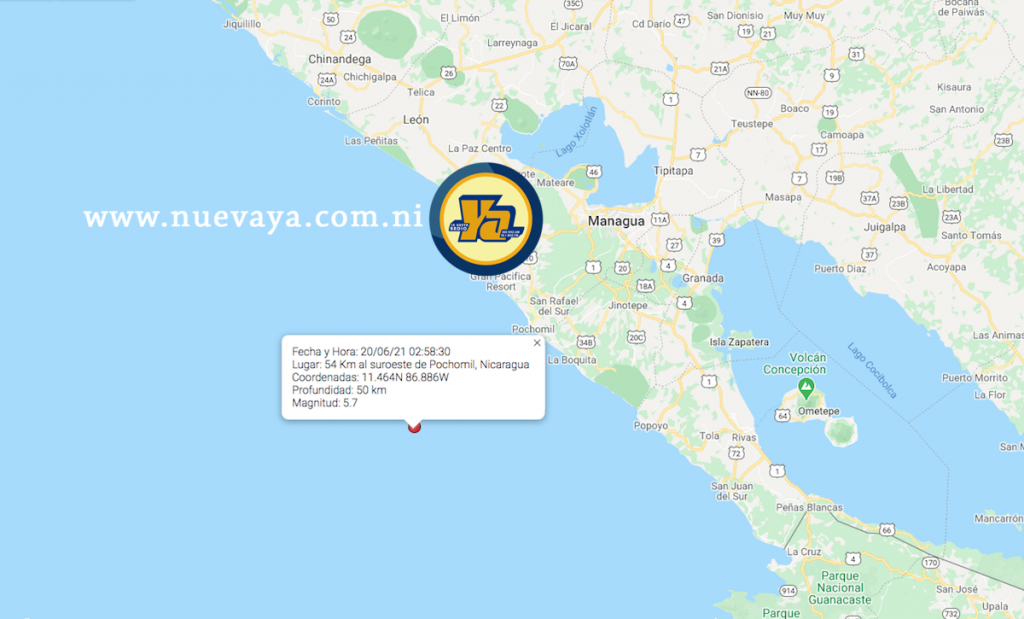 Sismo de 5.7 sacudió este domingo el Pacífico de Nicaragua. Fuente: INETER