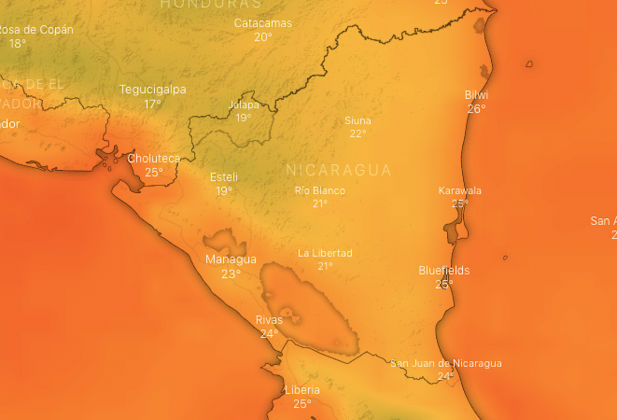 Frío en Nicaragua, martes 19 de enero 2021, windy.tv