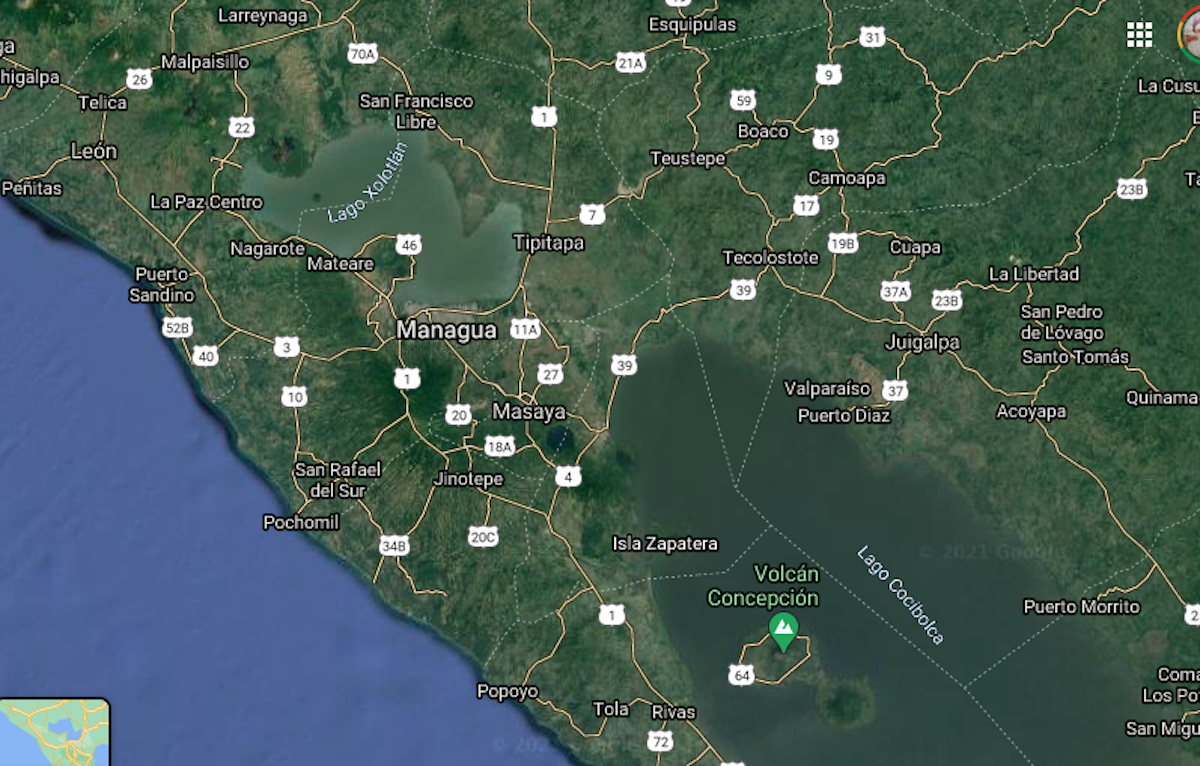 Lagos Cocibolca y Xolotlán de Nicaragua. Google Maps