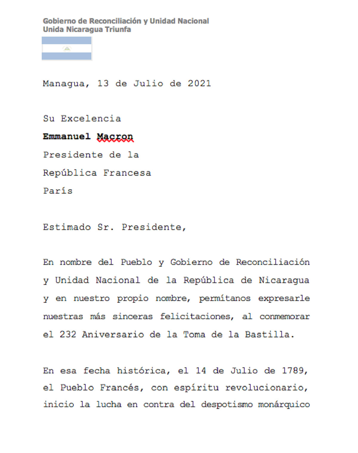 Nicaragua envia mensaje al presidente de la republica francesa 1