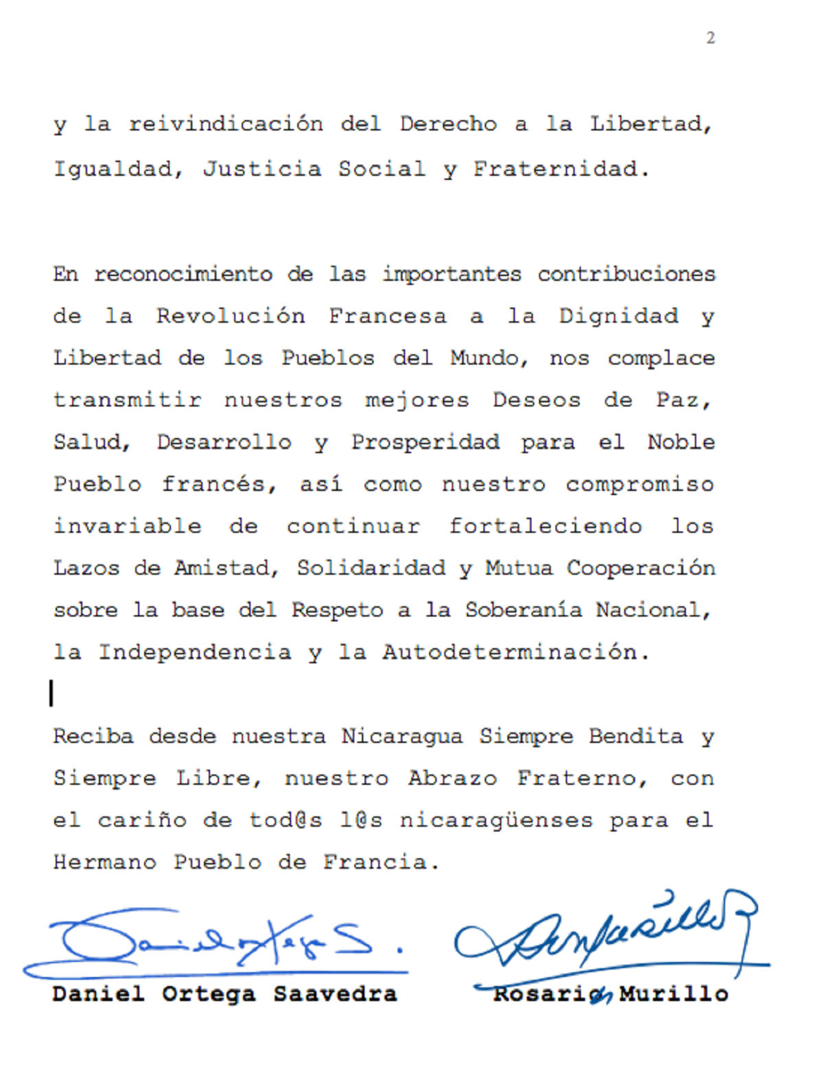 Nicaragua envia mensaje al presidente de la republica francesa 2