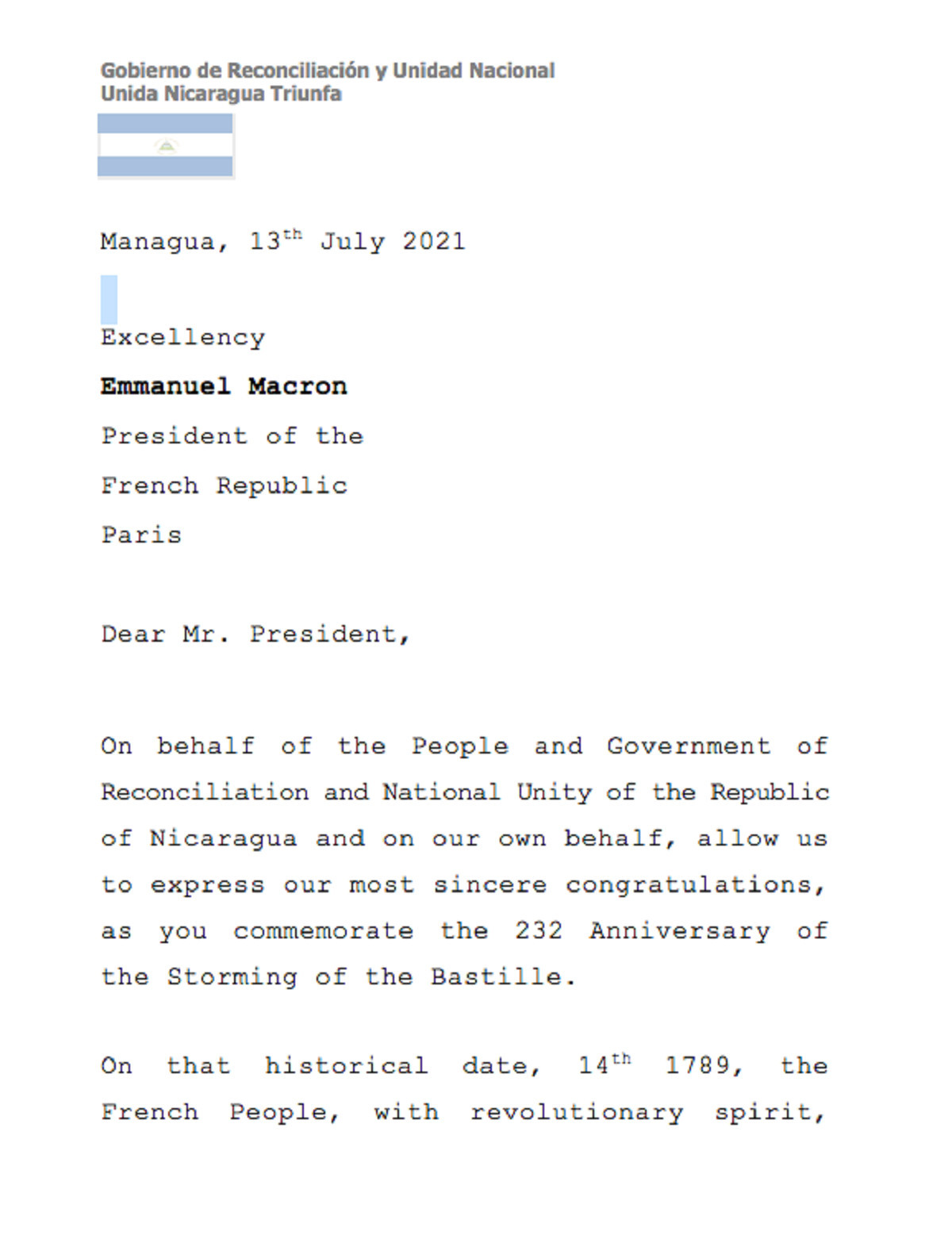 Nicaragua envia mensaje al presidente de la republica francesa 3