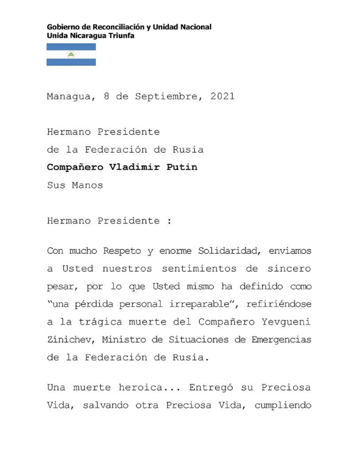 Nicaragua lamenta fallecimiento de ministro de situaciones de emergencias de rusia 1