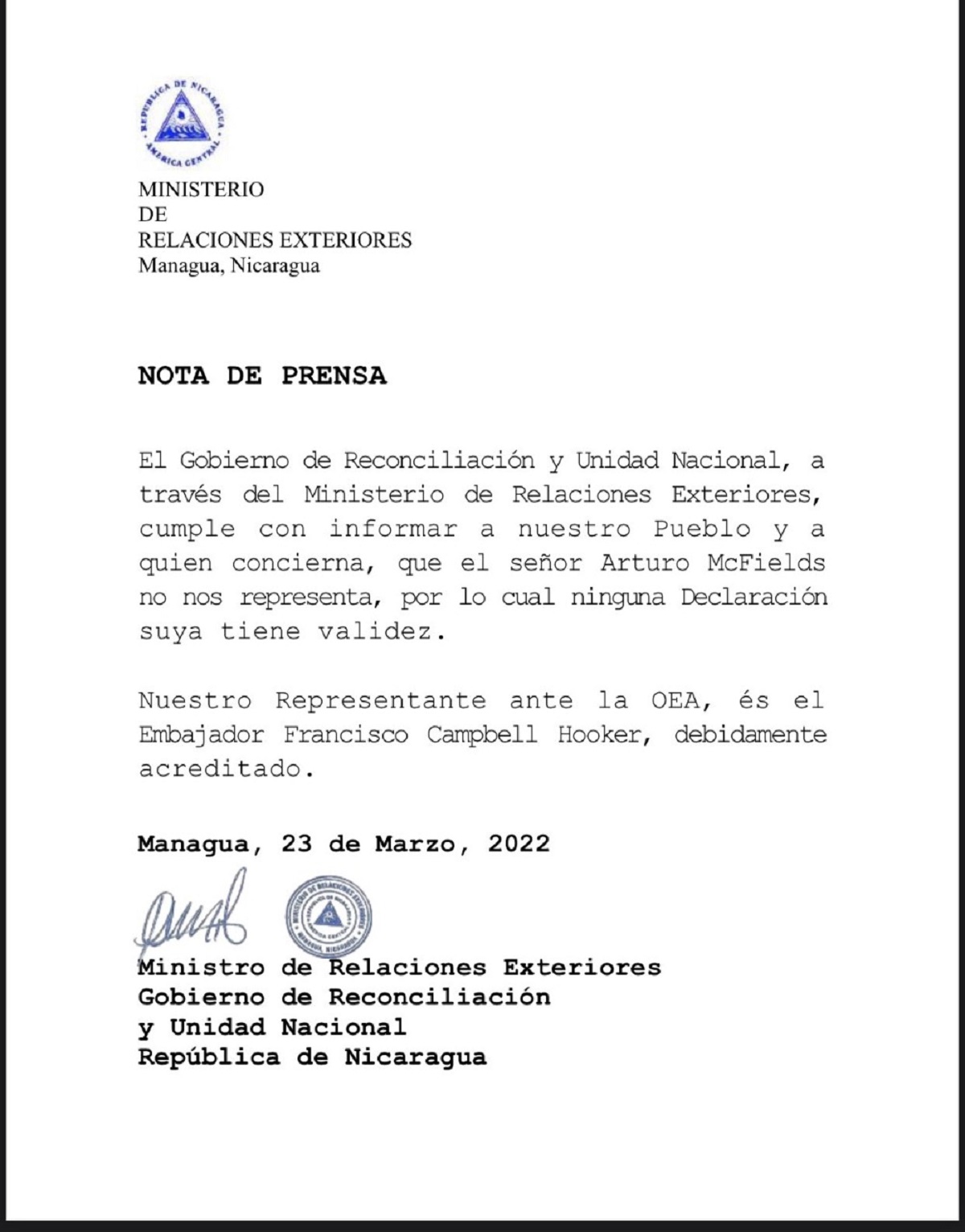 Nota de prensa minrex nicaragua 23 de marzo 2022
