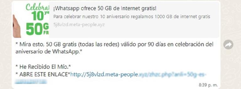 ¡Cuidado! Oferta de 50GB gratis por aniversario de WhatsApp es una estafa