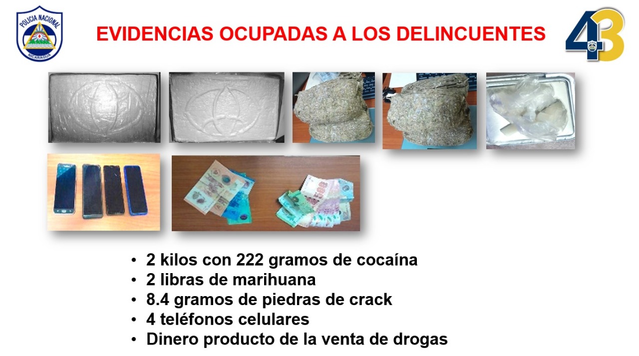 2 kilos con 222 gramos de cocaina 2 libras de marihuana 8. 4 gramos de piedras de crack 4 telefonos celulares y dinero