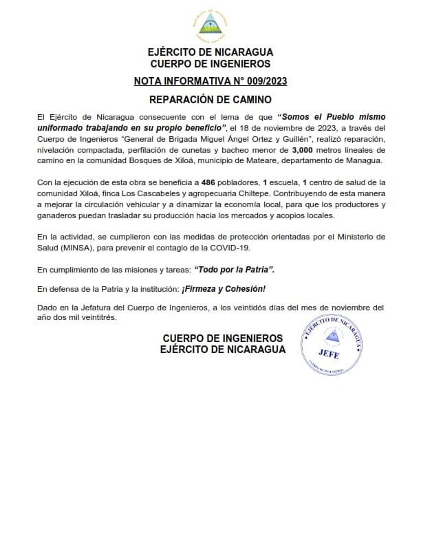 Ejército de Nicaragua Cuerpo de Ingenieros Nota Informativa 009-2023