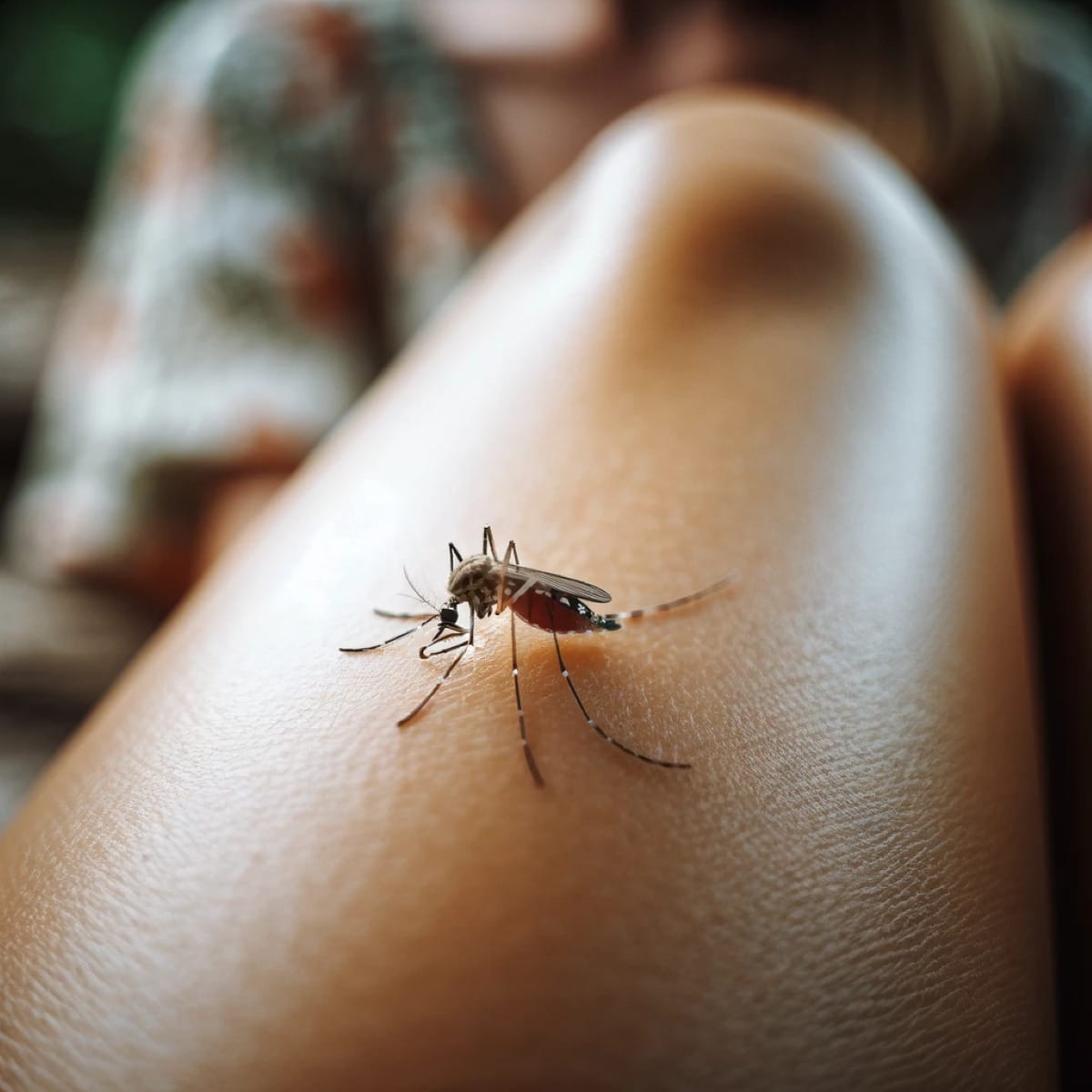 Un mosquito sobre la pierna de una mujer