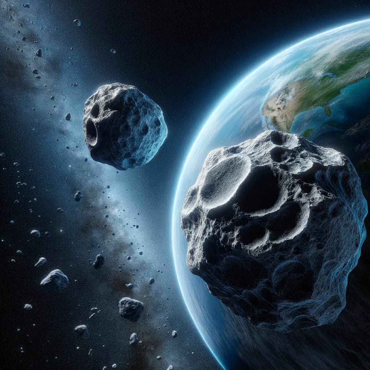 Imagen ilustrativa de dos asteroides acercándose a La Tierra