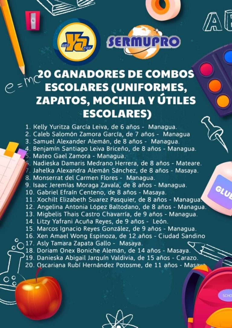 20 excelentes estudiantes ganaron con Tu Nueva Radio Ya y Sermupro combos escolares valorados en 5 mil córdobas cada uno