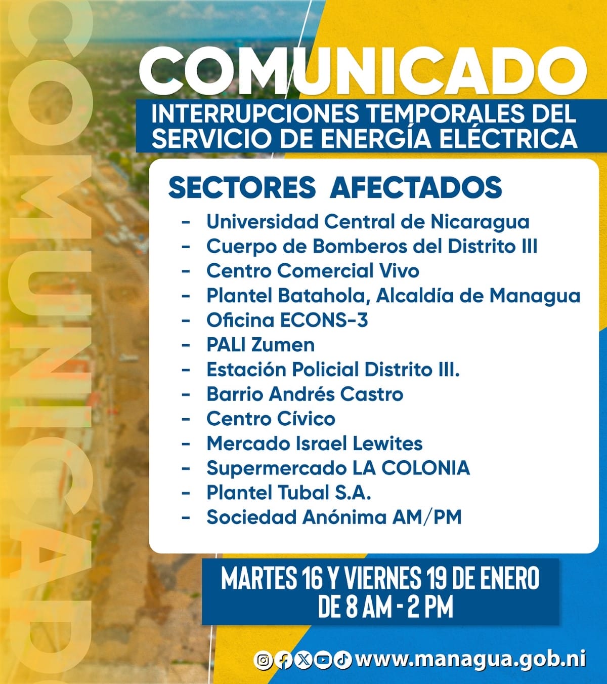 Alcaldia de Managua anuncia interrupción de la energía eléctrica los días 16 y 19 de enero del 2024
