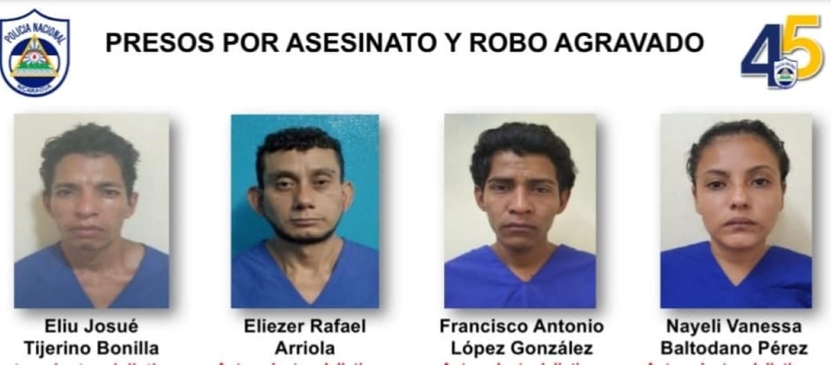 Los presos Eliud Josué Tijerino Bonilla, Eliecer Rafael Arriola, Francisco Antonio López González, Nayeli Vanessa Baltodano Pérez