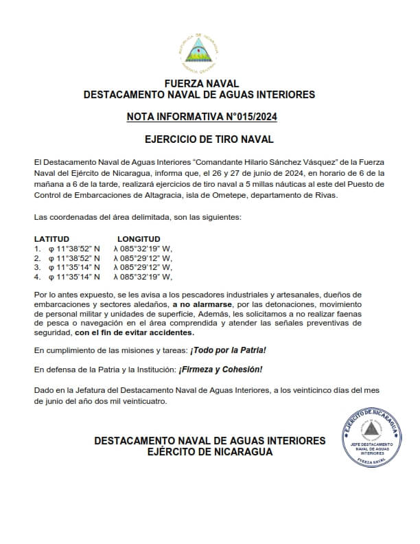 FUERZA NAVALDESTACAMENTO NAVAL DE AGUAS INTERIORESNOTA INFORMATIVA N°015/2024