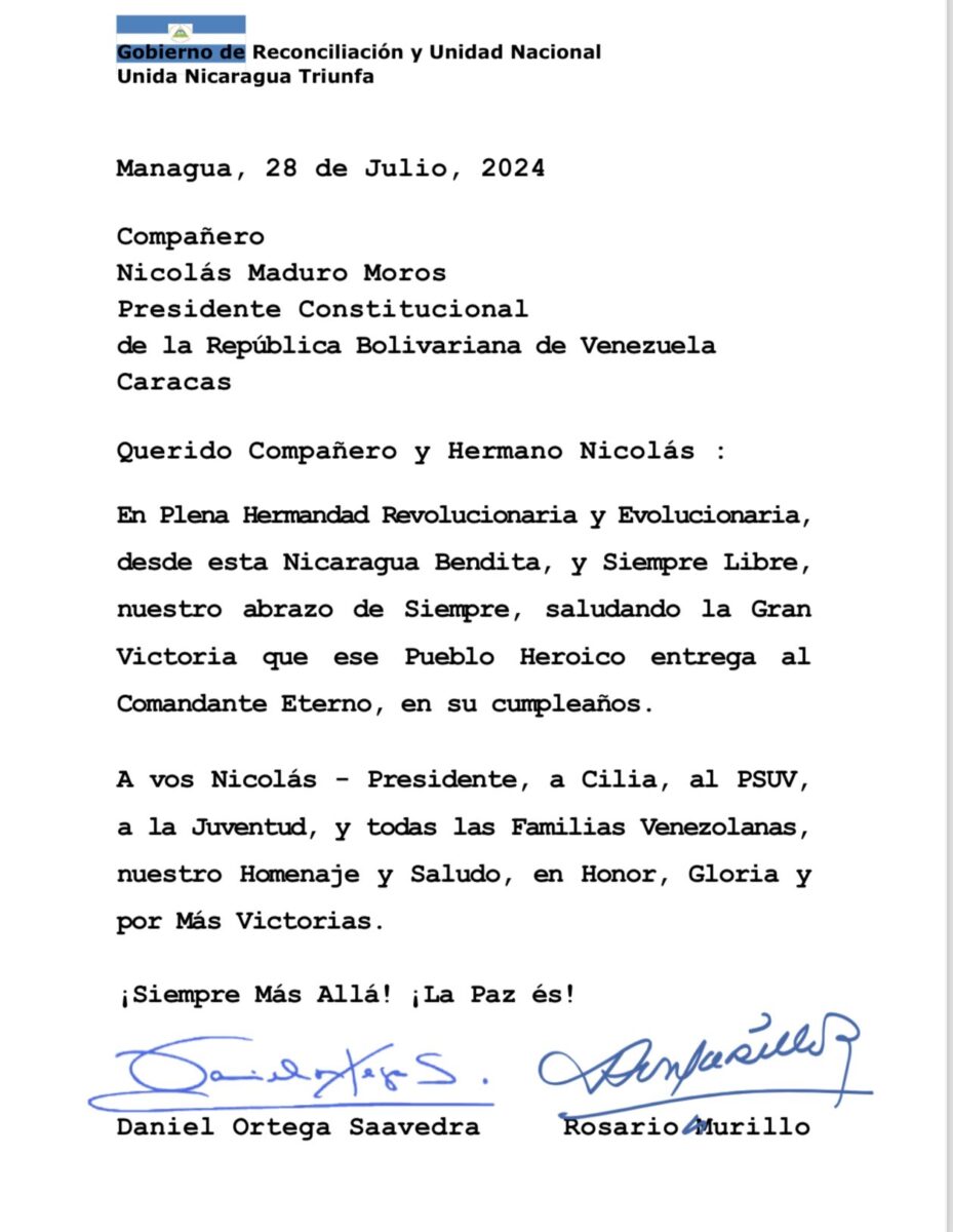 Gobierno de Nicaragua saluda la Gran Victoria del Pueblo venezolano con la reelección del Presidente Compañero Nicolás Maduro Moros