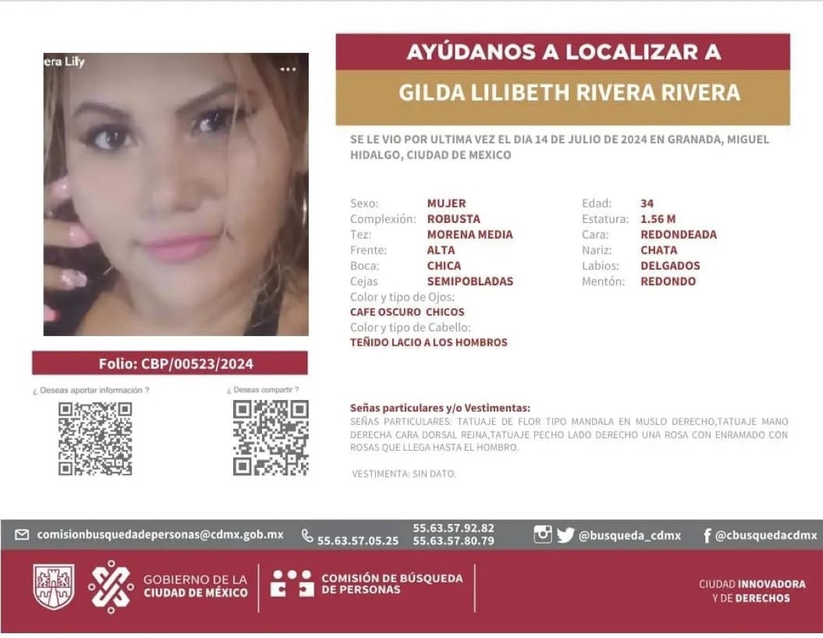 Aviso de búsqueda en México de la nicaragüense Gilda Lilibeth Rivera