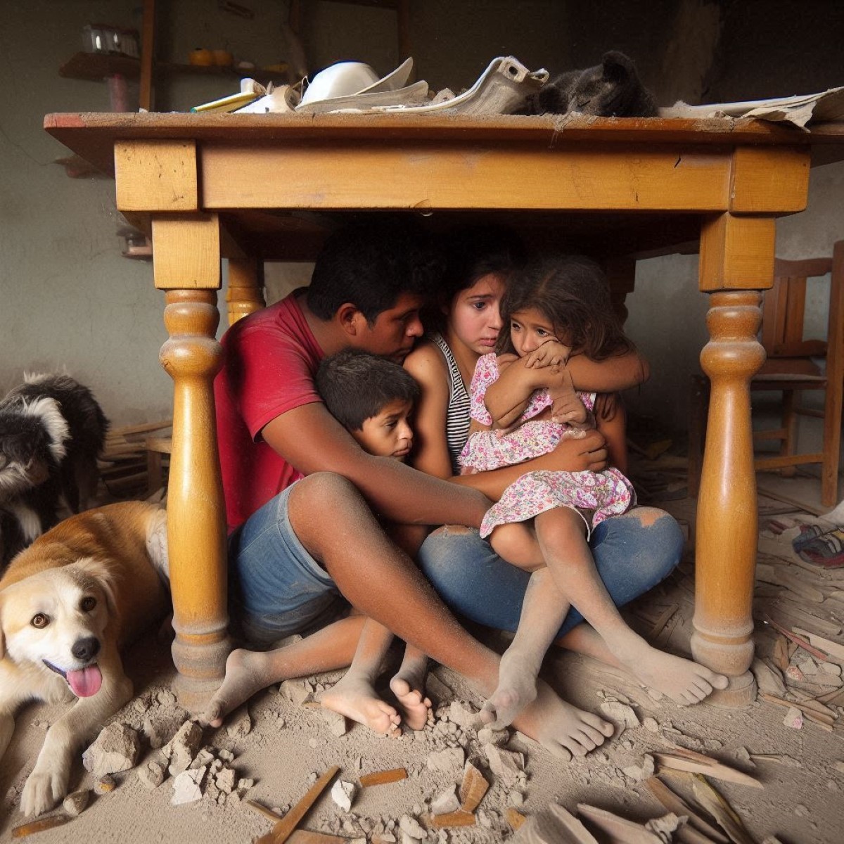 Una familia se resguarda ante un terremoto, imagen referencial