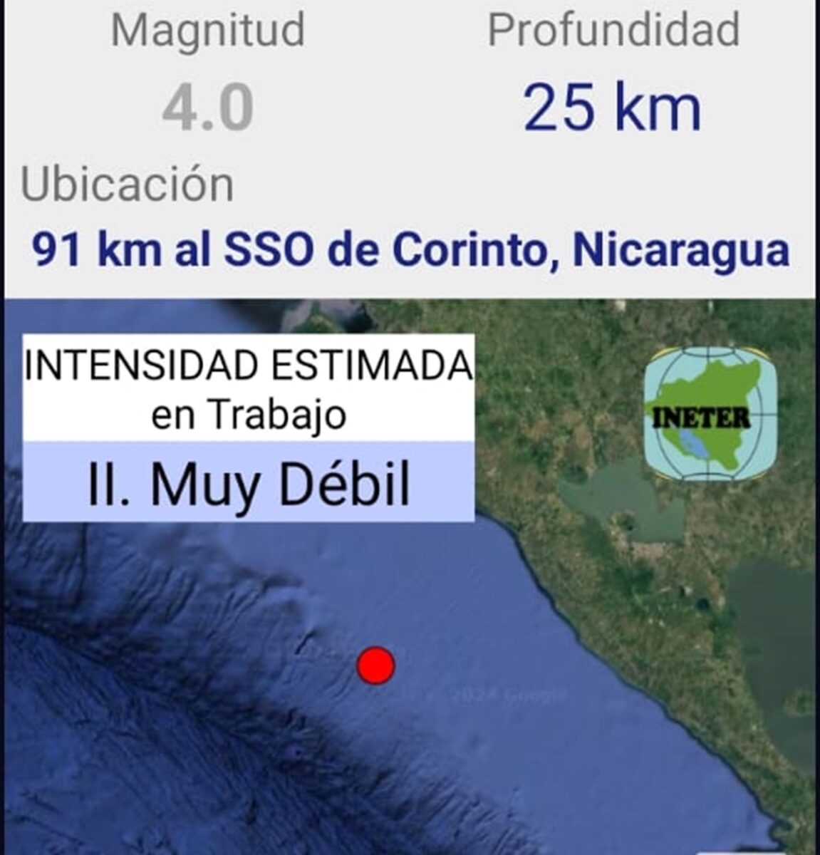 Sismo de magnitud 4.0 al suroeste de Corinto, Chinandega