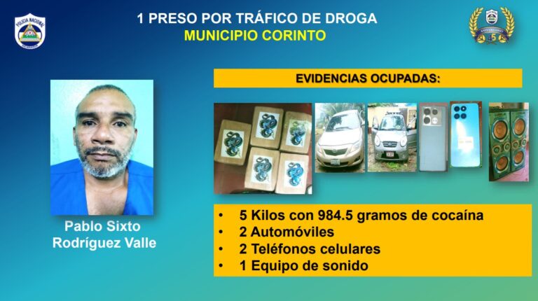 Atrapan a delincuentes con casi 6 kilos de cocaína en Corinto