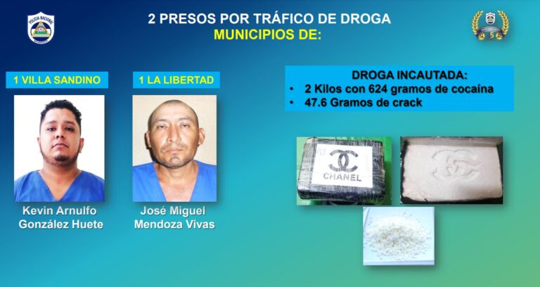 Meten presos a dos delincuentes atrapados con más de dos kilos de cocaína en Chontales