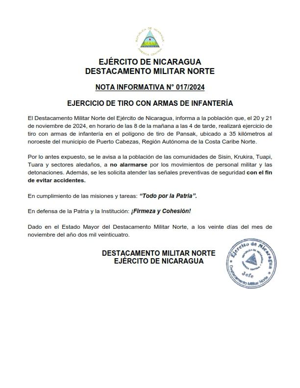 Ejercito de Niicaragua NOTA INFORMATIVA NO 0172024 