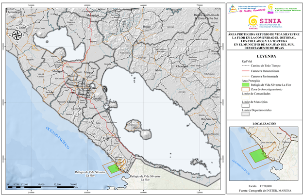 Mapa de ubicación del Refugio de Vida Silvestre La Flor, San Juan del Sur, Rivas