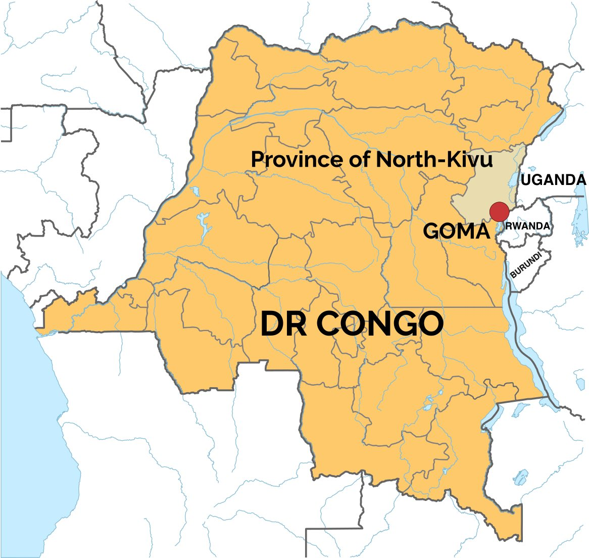 Mapa de Goma en el este de la República Democrática del Congo (RDC ) y su proximidad a Ruanda