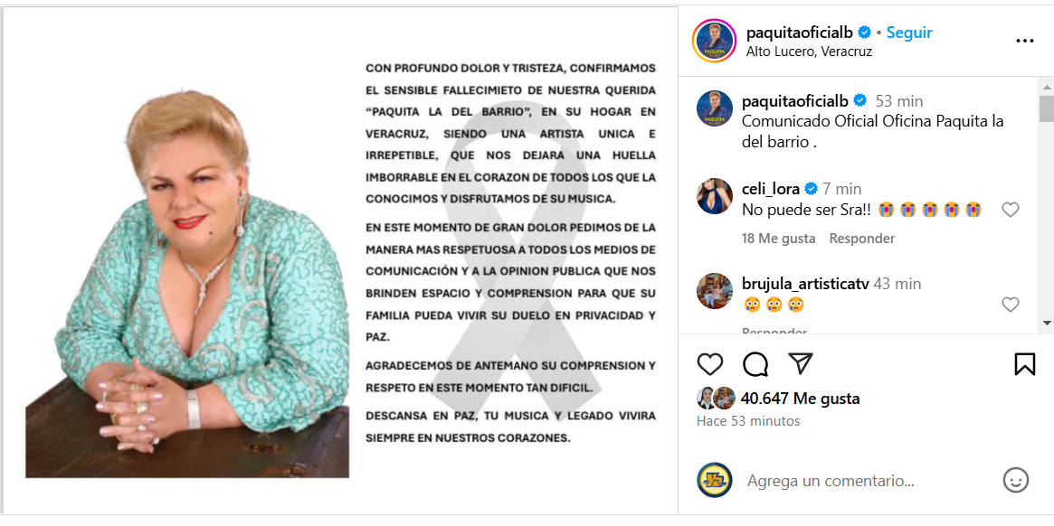 Publicación en la cuenta oficial de Instagram de Paquita La del Barrio