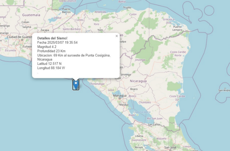 Ineter reporta sismo de magnitud 4.2 al suroeste de Punto Cosigüina, Nicaragua