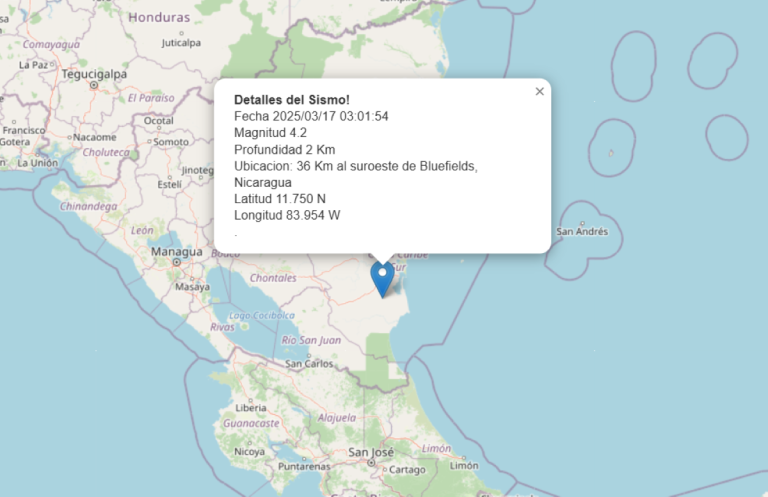 Sismo de magnitud 4.2 sacude la zona de Bluefields, alarmando a los pobladores